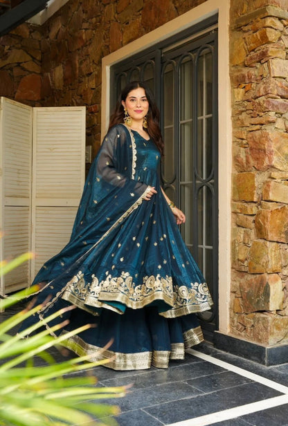Luxury Teal Silk Anarkali Outfit