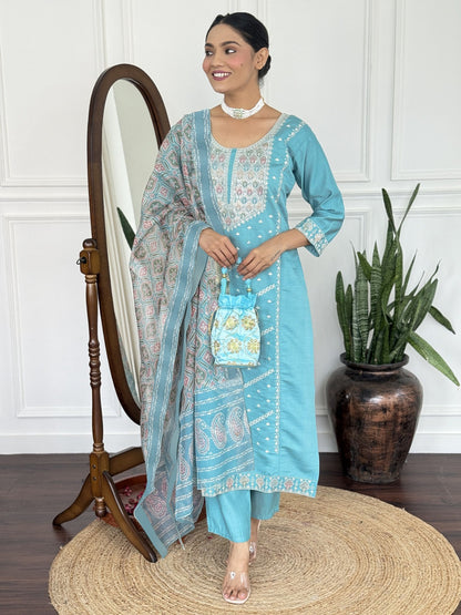 Aqua Blue Straight Kurta Set with Printed Dupatta