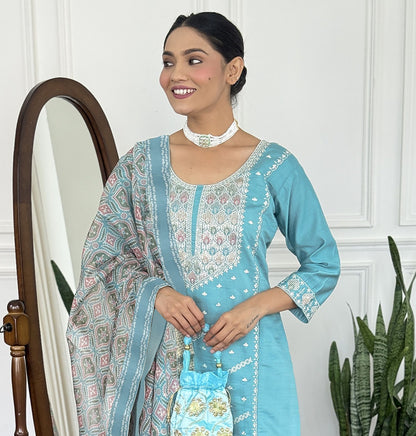 Aqua Blue Straight Kurta Set with Printed Dupatta