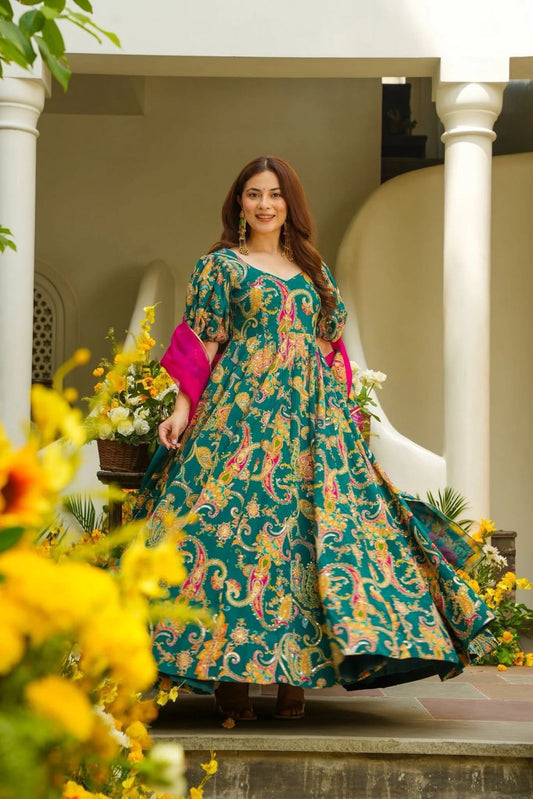 Designer Flowy Maxi Dress with Heavy Print and Hot Pink Dupatta