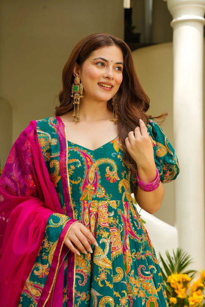 Designer Flowy Maxi Dress with Heavy Print and Hot Pink Dupatta