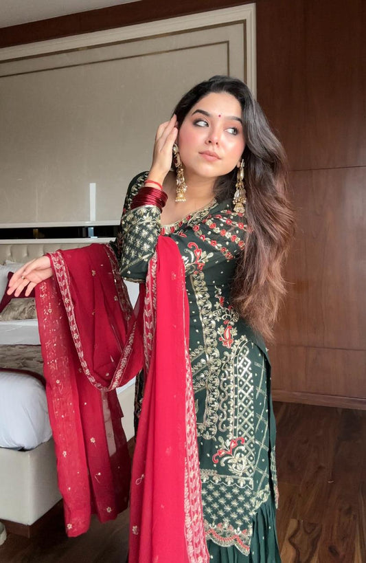 Festive Dark Green Georgette Sharara Set
