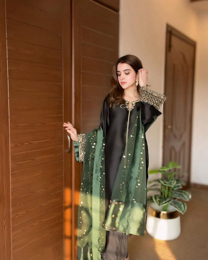 Elegant Black Kurta Set with Designer Bell Sleeves