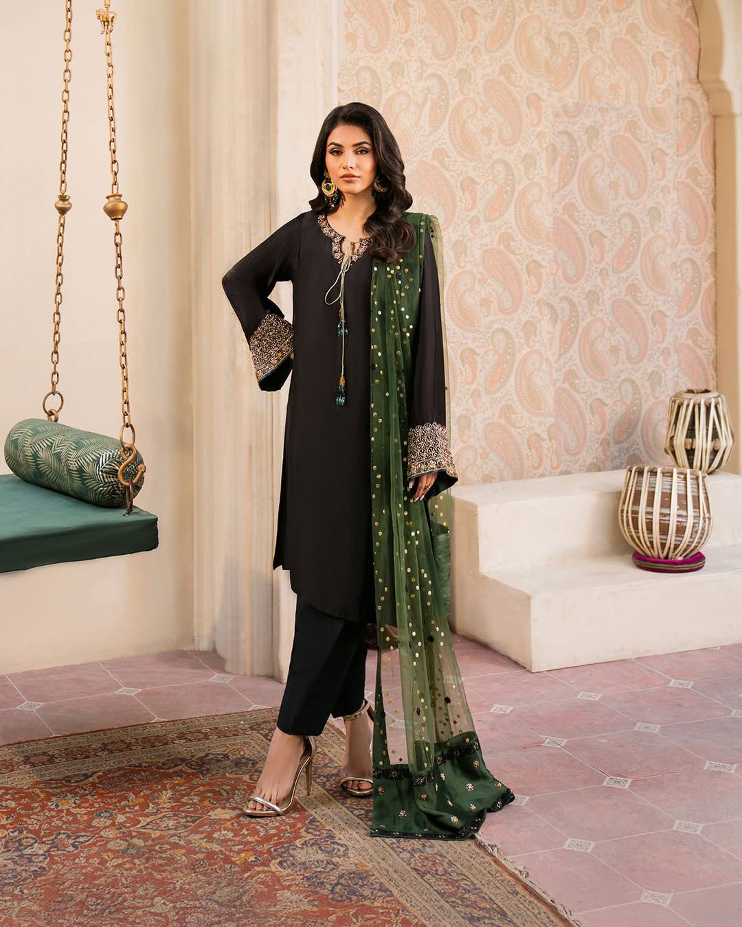 Elegant Black Kurta Set with Designer Bell Sleeves