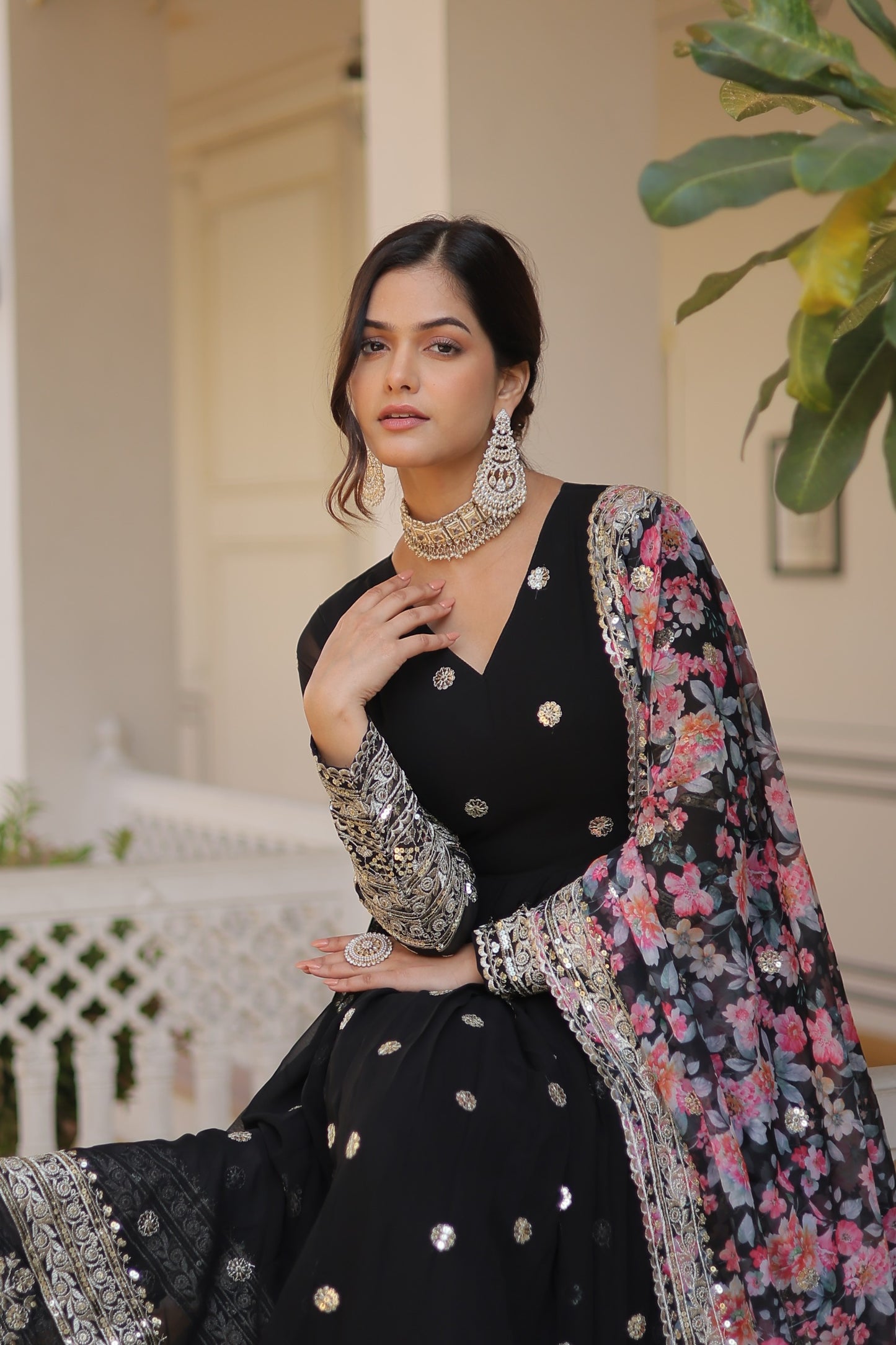 Regal Black Georgette Anarkali Gown
